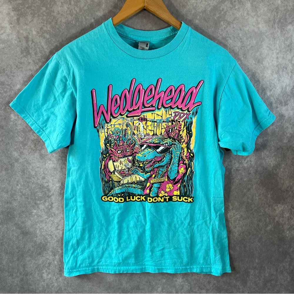 Wedgehead T-Shirt Mens Medium M‎ Teal Blue Graphic Print Shirt Short Sleeve Tee